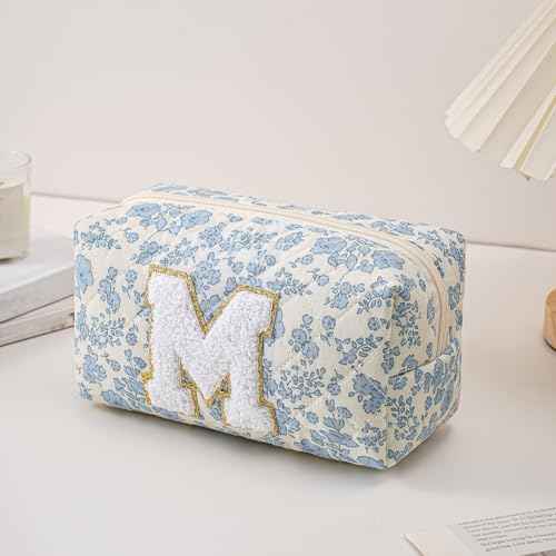 JOVAKIT Alphabet Makeup Bag Cosmetic Bag for Women, Christmas Gifts for Girls Age 6-18, Floral Flowers Coquette Travel Toiletry Zipper Make Up Pouch Organizer Trendy Stuff (Blue Floral M)