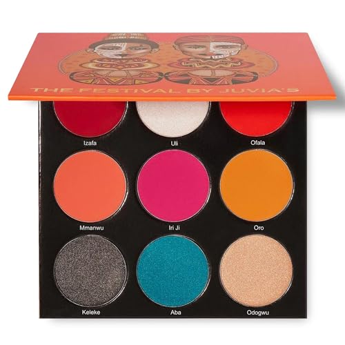 Juvia's Place Palette The Festival - Bold Coral, Red, Glittery Neutrals, Shades of 9, Bold and Fiery Palette, Pigmented Makeup Palette Eye Color & Shine