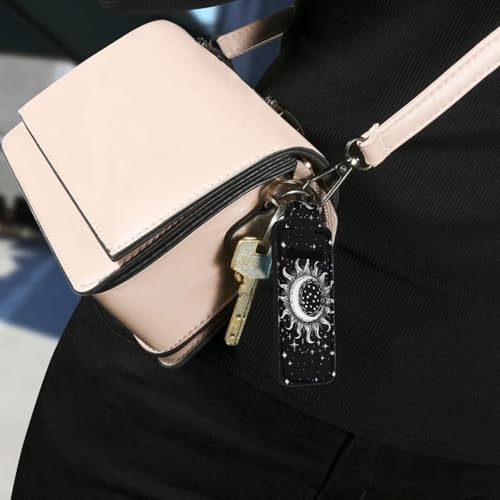 Bulopur Sun and Moon Lip Balm Holder Keychain Black Chapstick Holder Lipstick Sleeve Lip Gloss Tube Holder with Metal Ring Travel Accessories