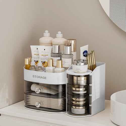 LAMU Makeup Organizer Countertop, Cosmetic Storage for Dresser Bathroom Countertop, Include 4-Tier Rotating Jewelry Box for Brushes, Skincare, Perfume, Office, Earring, Jewelry Organizer, White