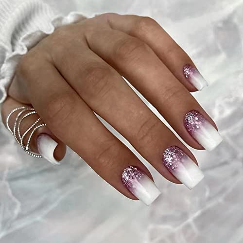 Press on Nails Short Square Fake Nails Purple White Gradient False Nails with Silver Glitters Design Full Cover Glue on Nails White Nail Tips Acrylic Nails Glossy Purple Stick on Nails for Women