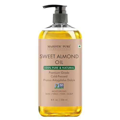 Majestic Pure Sweet Almond Oil - 100% Pure & Natural - Premium Grade, Cold-Pressed, Hexane-Free Carrier Oil for Skin, Hair and Body - Moisturizing Skin, Hair and Scalp - 8 Fl Oz