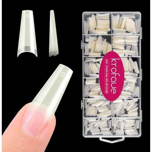 krofaue Natural Acrylic Nail Tips - 600PCS Half Cover Coffin False Nails 12 Size with Box for Salon and Home DIY