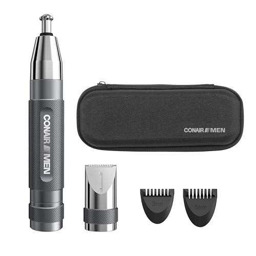 Conair Men Ear, Nose and Eyebrow Trimmer, Patented 360¡Æ Bevel Blade for No Pulls, Nicks or Cuts Guaranteed, Nose Hair Trimmer for Men, Non-Slip Grip, 5-Piece Kit with Travel Case
