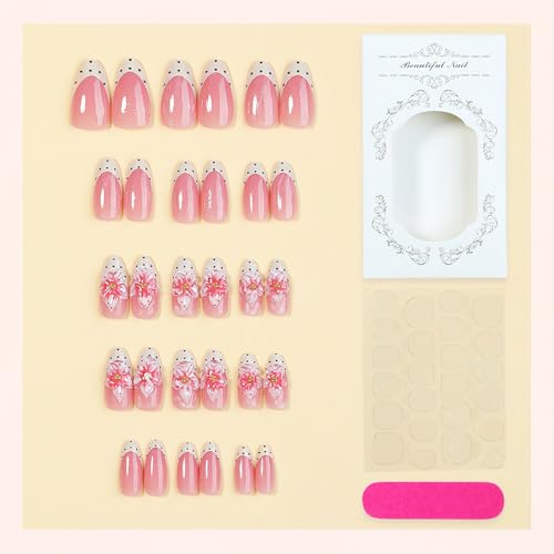 Jremg Color6 Pink Flower Polka Dot French Tip Press On Nails 24Pcs Summer Cute Fake Nails