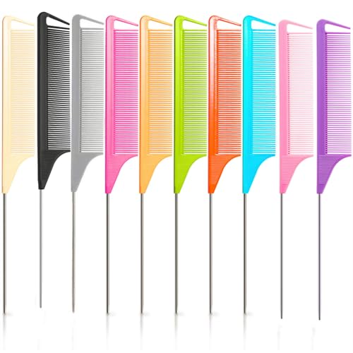 Black 10pcs Rat Tail Combs Set for Hair Styling & Braiding - Metal Fine Tooth