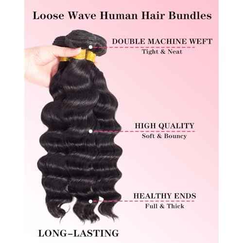Loose Wave Bundles Human Hair with 5x5 Closure, (20 22 24+18) 12A 100% Real Human Hair Loose Deep Wave Bundles with Closure 5x5 Natural Color Unprocessed Brazilian Virgin Human Hair Extension