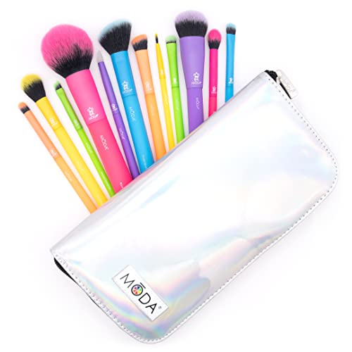 Moda Totally Electric 13pc Full Face Makeup Brush Set ? Bold, Colorful, Vegan Brushes for Face & Eye Makeup, Blending, Contouring, and More