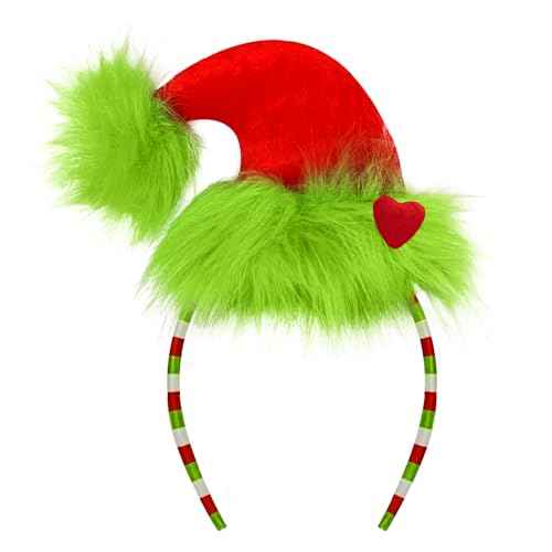 Green Furry Headband Christmas Hat Headband with Red Heart Cute Headpiece Funny Novelty Costume Accessories Christmas Party Favors Women Men