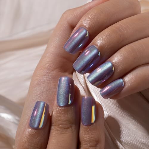 CurvLife Chrome Square Cat Eye Press-On Nails - Purple Soft Gel, Long-Lasting, Includes Nail Glue & Tabs