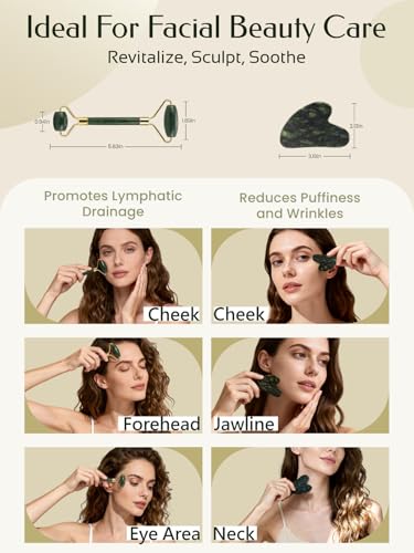 2PCS Jade Face Roller Gua Sha Set for Skin Tightening & Puffiness Reduction - Green