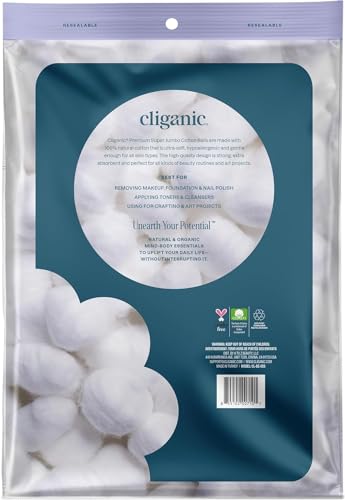 Cliganic Super Jumbo Cotton Balls (200 Count) - Hypoallergenic, Absorbent, Large Size, 100% Pure (Packaging May Vary)