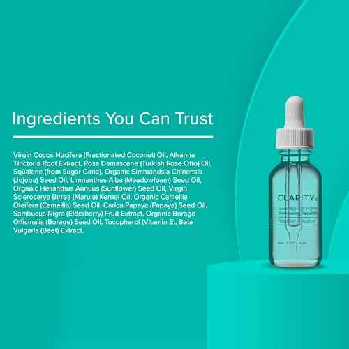 ClarityRx Glimmer of Hope Shimmering Restorative Face Oil, Natural Plant-Based Moisturizing Facial Treatment with Coconut, Rose & Jojoba for Dry & Aging Skin (1 fl oz)
