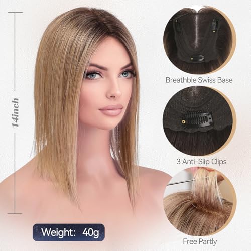Starluck Real Human Hair Topper 14" Ombre Light Brown - 4.5"x5" Swiss Lace