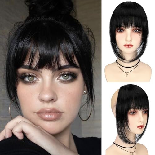 VAVANGA Clip-In French Bangs for Women - Long Wispy Fringe, Jet Black