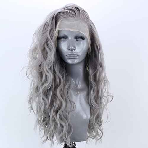 Silver Grey Long Curly Synthetic Lace Front Wigs for Women Free Part Pre Plucked Natural Hairline Lace Front Synthetic Cosplay Wigs Glueless Daily Wear Costume Wig 24 Inches