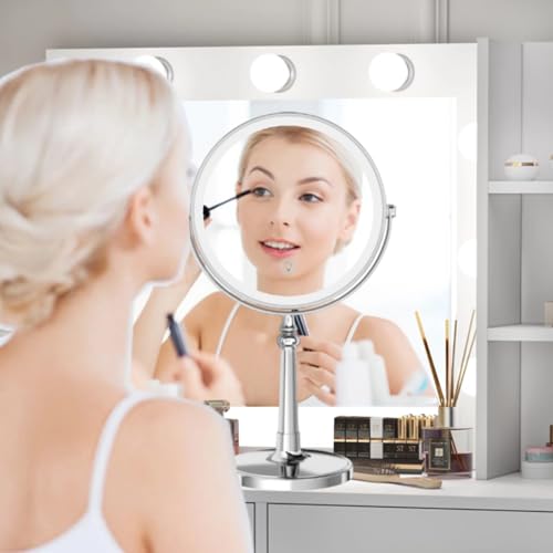 9" Large Make up Vanity Mirror with Lights Chrome Two Way Mirror 1x/10x Magnifying Mirrors with Light and Stand 4000mAh Rechargeable Led Makeup Mirrors for Desk Dresser Table