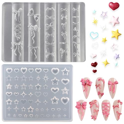 Silicone Nail Art Molds Set - 2pcs Bowknot, Star & Heart Designs