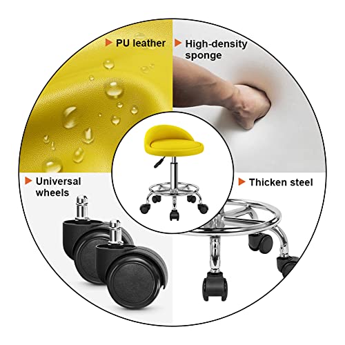 KKTONER PU Leather Round Rolling Stool with Foot Rest Height Adjustable Swivel Drafting Work SPA Task Chair with Wheels (Yellow)