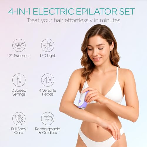 Cordless Epilator for Women - 4-in-1 Hair Removal Device, 21 Tweezers, Rechargeable