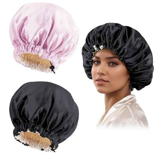 Satin Silk Bonnet for Curly Hair Bonnet Braid Bonnet for Sleeping Bonnets for Women Large Double-Layer Adjustable(Black&Pink)