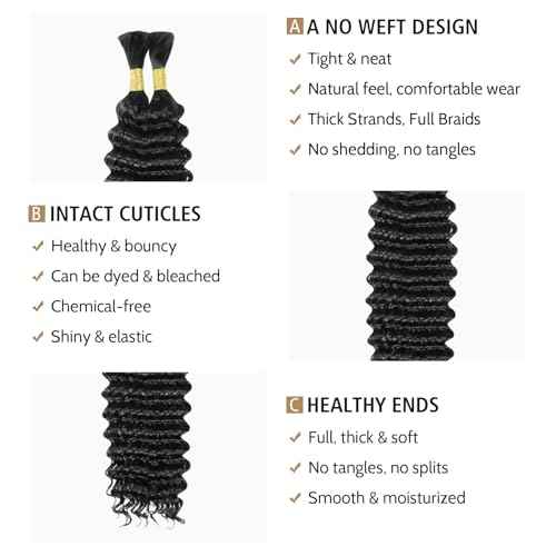 Wequeen 16A Human Braiding Hair Deep Wave 100g 22 Inch 100% Unprocessed Brazilian Virgin Hair No Weft Bulk Human Hair for Braiding Curly Hair Extensions for Boho Braids, Natural Black