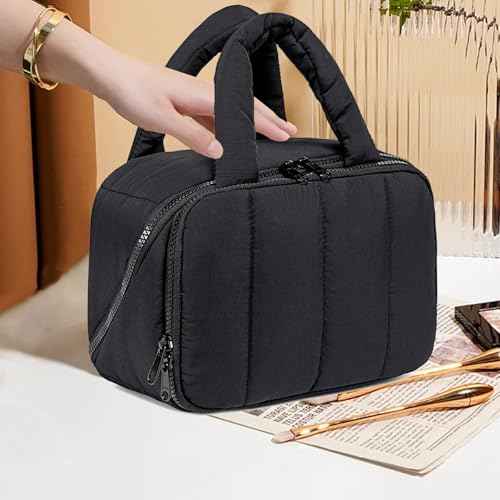 CAMTOP Travel Toiletry Bag for Women Travel Toiletry Organizer Lightweight Large Wide-open Makeup Bag Large Capacity Qulited Cosmetic Bag Puffy for Essentials Organizer (Black)