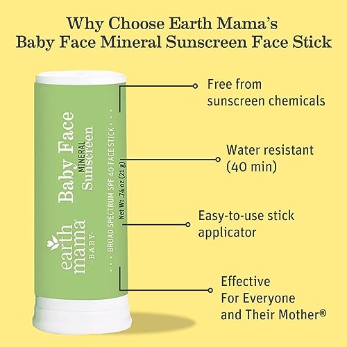 Earth Mama Baby Face Mineral Sunscreen Stick SPF 40 | Reef Safe, Non-Nano Zinc, Contains Organic Cocoa Butter & Aloe | Babies, Kids & Family 0.74-Ounce