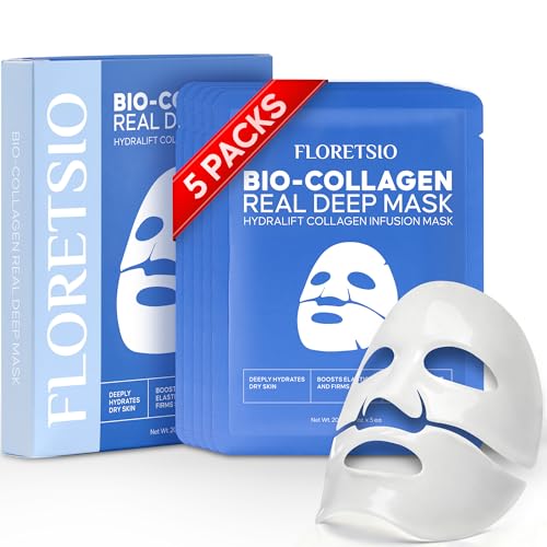 Bio-Collagen Real Deep Mask: Overnight Hydrating, Pore Minimizing, Glowing - Hydrogel With Hyaluronic Acid & Cica - Ultra Low Molecule - Women & Men - 5 Pcs