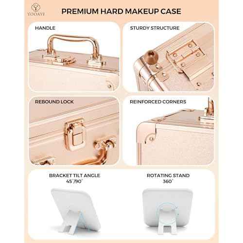 Makeup Box with Detachable Lighted Mirror?Travel Train Case, Cosmetic/Storage Organizer & Makeup Suitcase with Adjustable Dividers & Magnetic LED Mirror (Rose Gold)