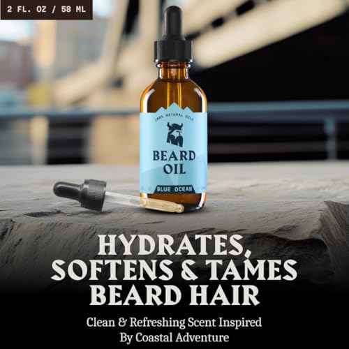 Striking Viking Beard Oil for Men - Naturally Derived Conditioner with Almond, Tea Tree, Argan & Jojoba Oil for Beard Growth, Softening & Moisturizing (2 Fl Oz (Pack of 1), Blue Ocean)
