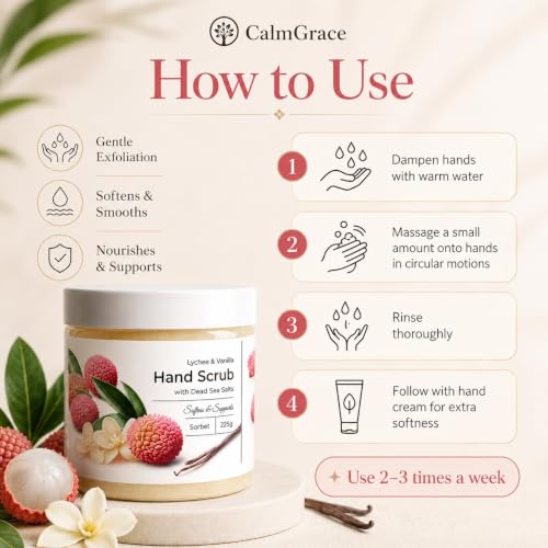 CalmGrace Exfoliating Hand Scrub - Dead Sea Salt & Lychee Vanilla (250g)