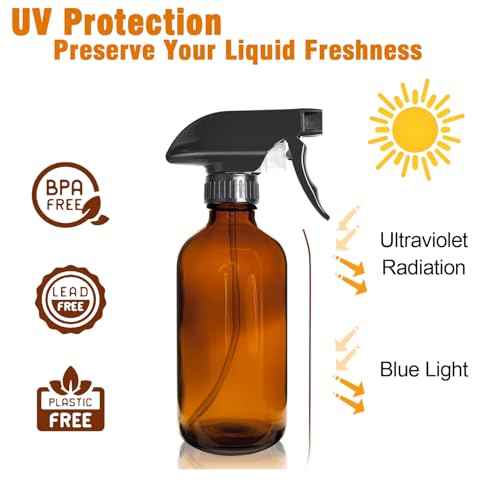 8oz Amber Glass Spray Bottles - 2 Pack Empty Refillable Bottles for Cleaning, Hair Care, Essential Oils, Plants - Includes Durable Nozzle, Labels, Funnel & Dropper, Handheld Size