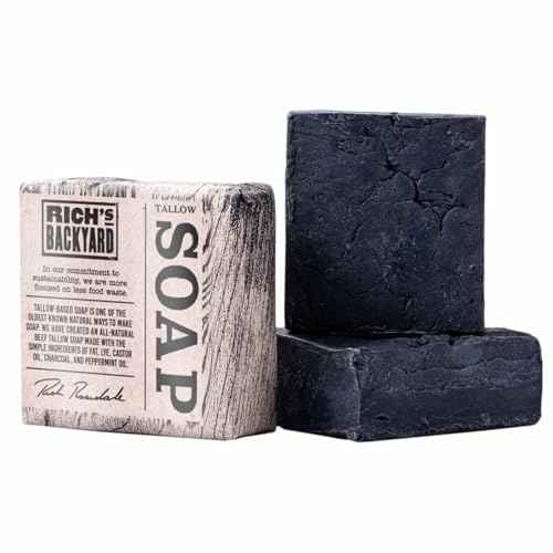 RICH'S BACKYARD All-Natural Handcrafted Beef Tallow Soap ? Moisturizing & Deep Cleansing | Charcoal & Peppermint Oil | No Artificial Ingredients | Sustainably Sourced | 7 oz Bar