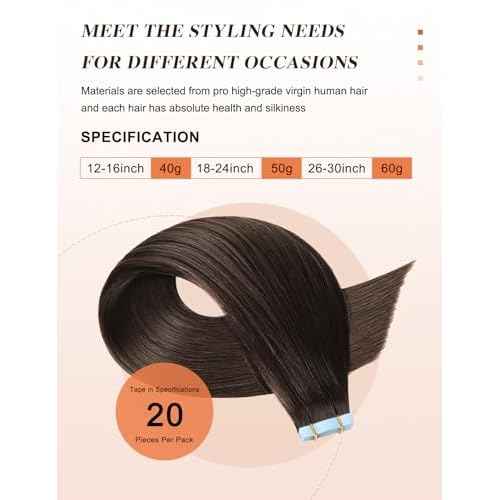 Sunya Hair Extensions Tape in Human Hair 20 inches Silky Straight Remy Human Hair Seamless Skin Weft Tape in Hair Extensions 20 inches #2 Dark Brown 50 Gram 20Pcs/Pack Soft Hair