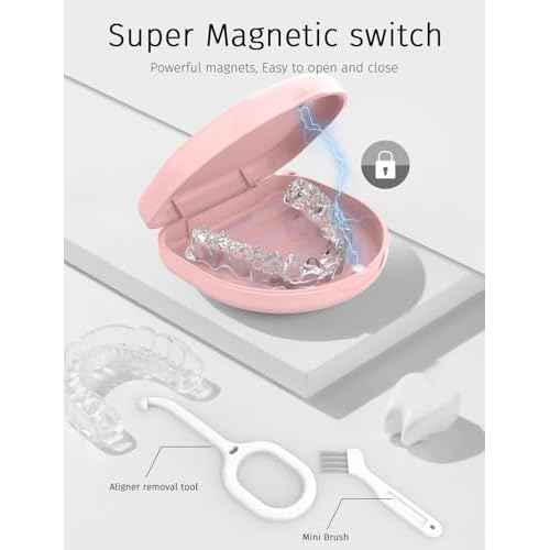 Retainer Case, Compatible with Invisalign, Vivera, Slim Aligner Case with Vent Holes, Portable Orthodontic Container with Removal Tool, Brush and Lanyard, Pink