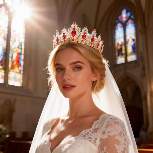 Queen Rhinestone Crown for Women - Gold & Red Bridal Tiara