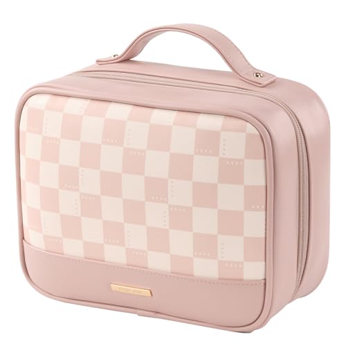 RIGHT AWAY Travel Toiletry Bag for Women, Waterproof Makeup Bag&Case, Portable Cosmetic Organizer Checkered Make up Bag for Full Sized Toiletries£¬Cosmetics and Travel-Size Accessories,Pink Checkered