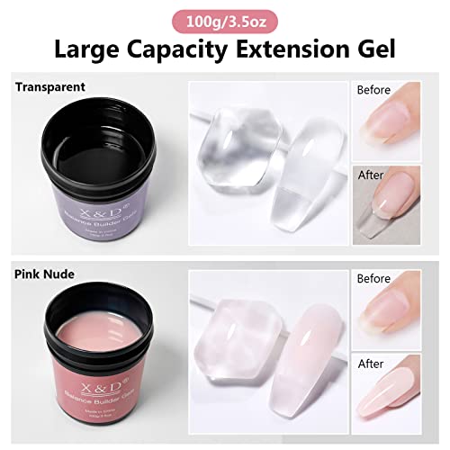 X&D Gel Nail Polish Kit - UV Polygel 2 Bottles Quick Dry 100g Natural Clear Color Nail Extension with Nail Forms, File, Acrylic Brush (Transparent & Nude Pink)