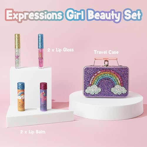 Kids Lip Gloss & Balm Kit with Rainbow Rhinestone Tin Case