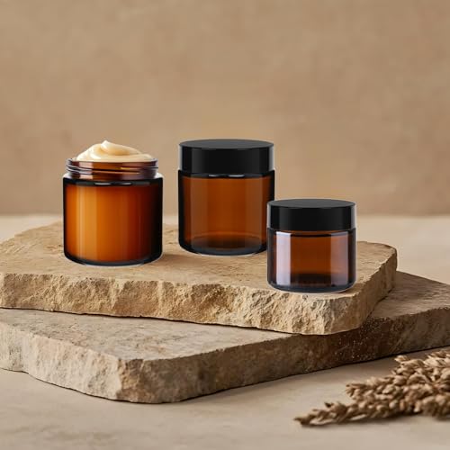 15 Pack 4 oz Glass Jars with Lids, Amber Refillable Containers with Inner Liners - Empty Cosmetic Jars with Labels & Spatulas for Makeup Lotion Candles Jam Storage