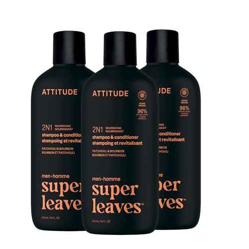 ATTITUDE Men's Shampoo and Conditioner 2-in-1, Nourishing For Dry Hair and Scalp, With Panthenol and Ginseng, 97% Natural Origin Ingredients, EWG Verified, Patchouli & Bourbon, 14 Fl Oz (Pack of 3)