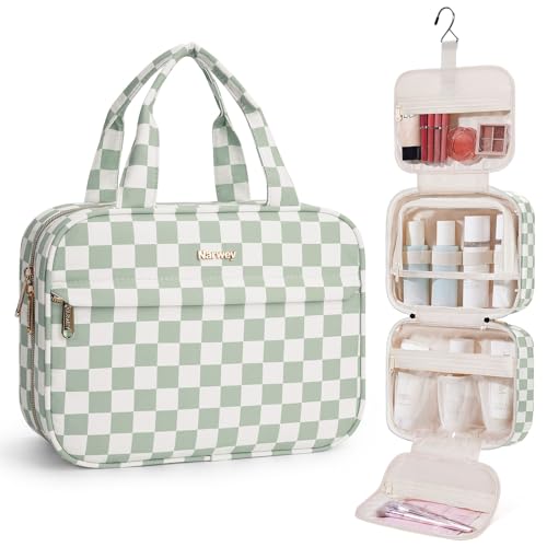 Narwey Hanging Toiletry Bag for Women - Mint Green Checkerboard