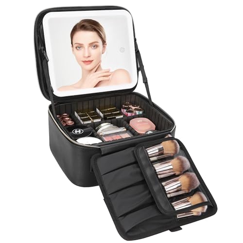 Travel Makeup Bag with LED Mirror & Brush Storage