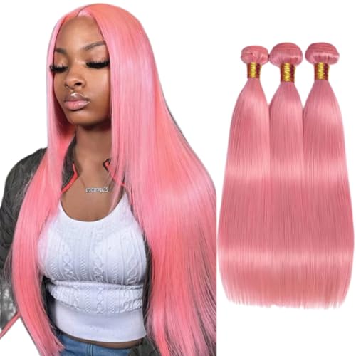 Pink Bundles Human Hair Straight 26/28/30 Inch, 3 Pack FuivJuix Brazilian Virgin Extensions