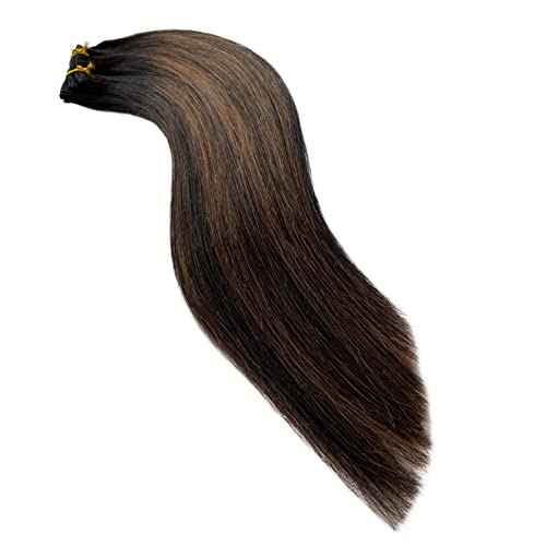 Hair Extensions Real Human Hair, Clip in Hair Extensions for Women 70g 5pcs Thick Straight Natural Black Highlights Brown Human Hair Clip in Extensions Seamless Remy Human Hair Extensions 22 Inch