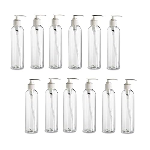 Natural Farms 12 Pack ? 8 oz -Clear Cosmo Plastic Bottles ? White Pump - for Essential Oils, Perfumes, Cleaning Products