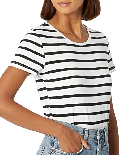 Amazon Essentials Women's Classic-Fit Short-Sleeve Crewneck T-Shirt, Pack of 2, Black/White Stripe, X-Small