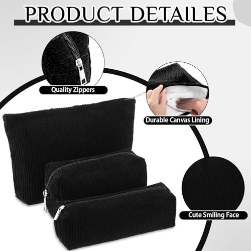 Huhumy 3-Piece Corduroy Makeup Bag Set for Women, Black
