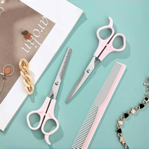 Pink Stainless Steel Hair Cutting Shears Set - 6.7 Inch Thinning Scissors & Comb